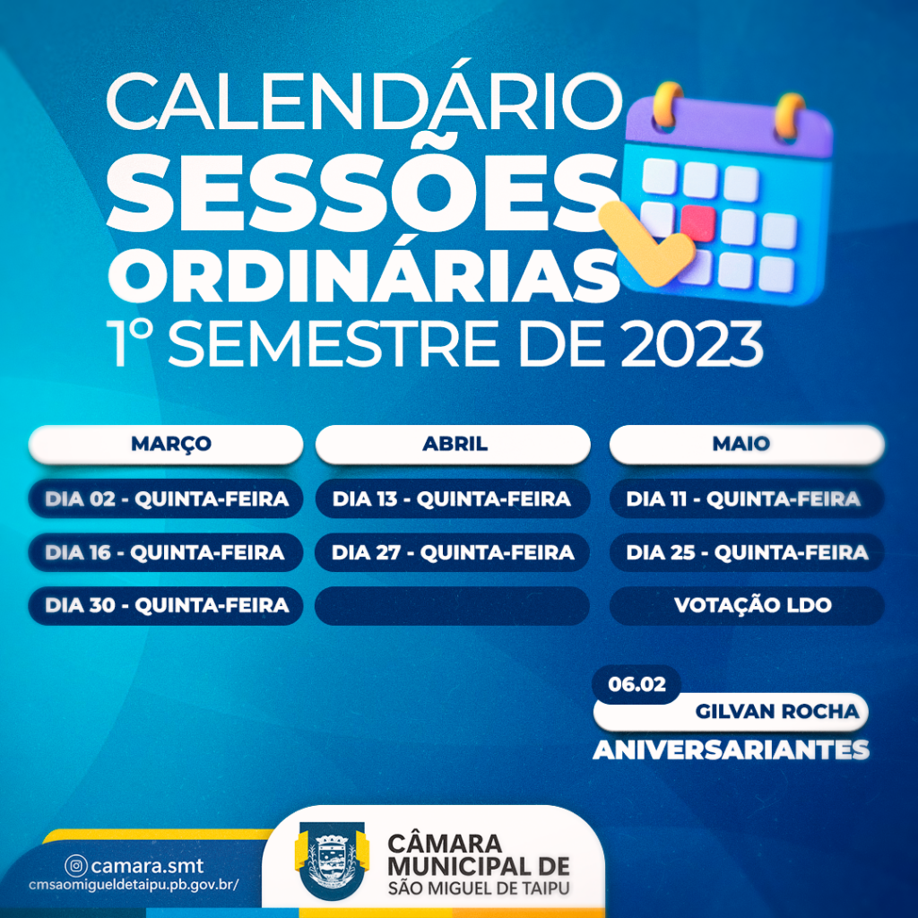 Calendário Sessões 1º semestre 2023